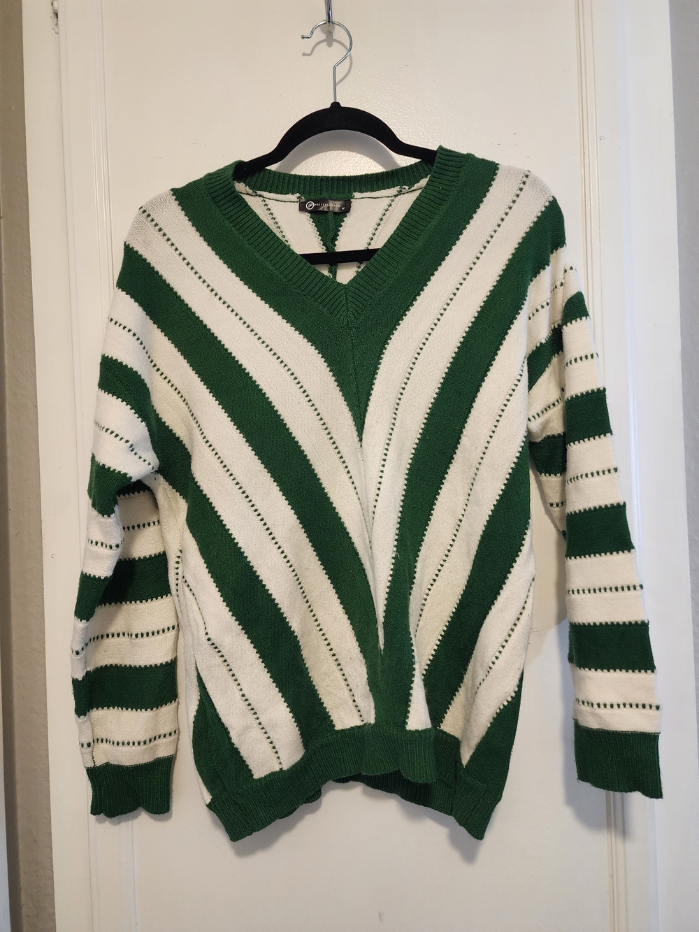 Green and White Striped V-Neck Sweater - Relaxed Knit